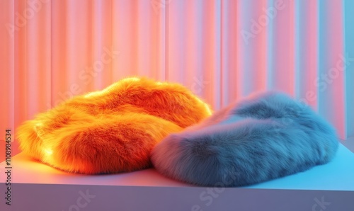 Conceptual still-life featuring natural fur in earthy tones, and a vibrant, synthetic neon fur. The contrasting halves are displayed on a minimalist pedestal with dramatic lighting. Duality and choice