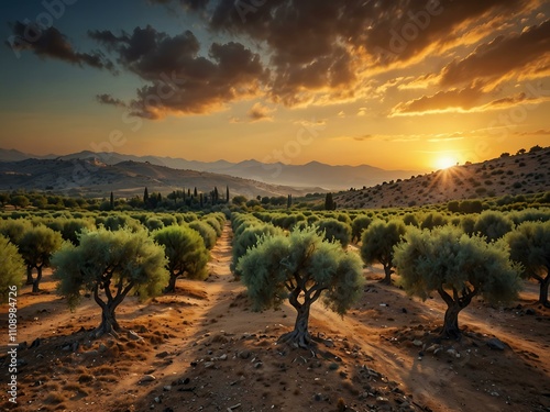 Sunset over an olive tree plantation in a Mediterranean landscape. photo