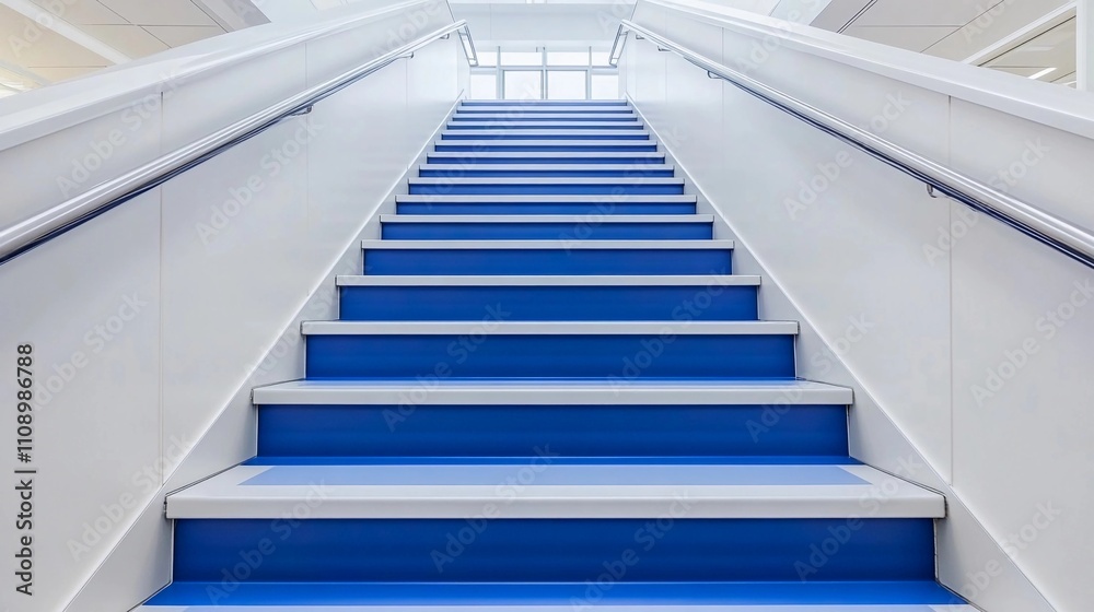 Modern blue stairs leading to higher floors in a bright, open space