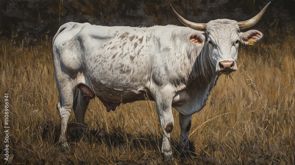 Brahman Bull Grazing in White Pasture on Farm Field Brahman Bull Grazing in White Pasture on Farm Field