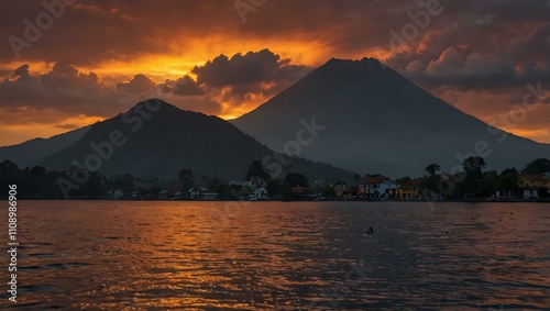 Sunset over Volcano in Lago Atitlán, Guatemala.