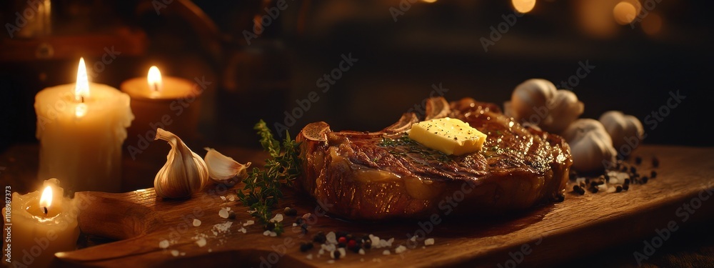 Un morceau de viande avec du beurre et des herbes sur une planche en bois entouré de gousses d'ail, de sel, de poivre et de romarin, arrière-plan avec des bougies projetant une lumière chaleureuse. Un morceau de viande avec du beurre et des herbes sur une planche en bois entouré de gousses d'ail, de sel, de poivre et de romarin, arrière-plan avec des bougies projetant une lumière chaleureuse.