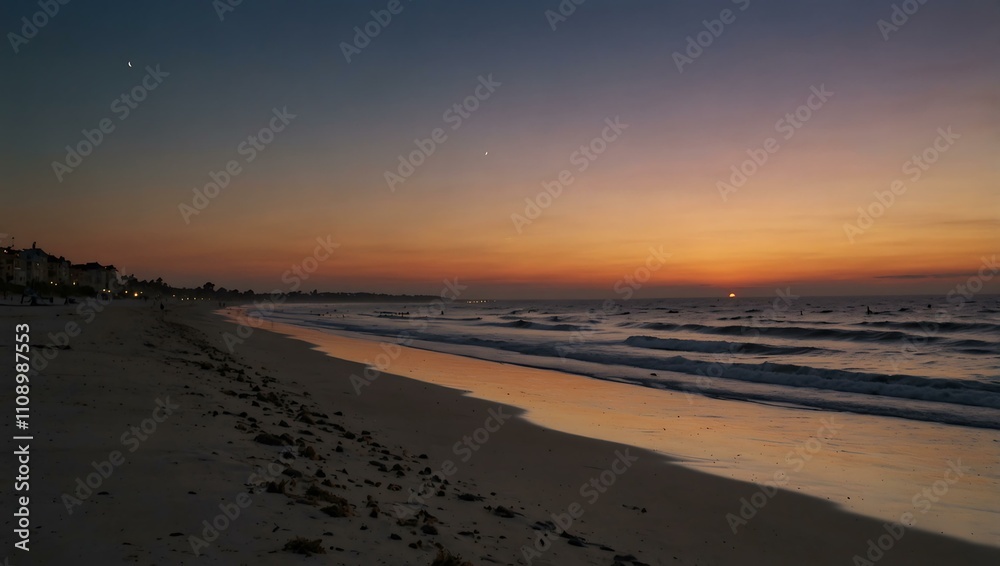 Obraz premium Sunset stroll along the beach with a crescent moon.