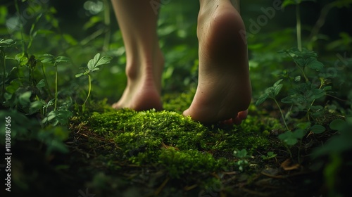 Close-up of Bare Feet Walking on Mossy Forest Floor, Connecting with Nature in a Lush Green Environment