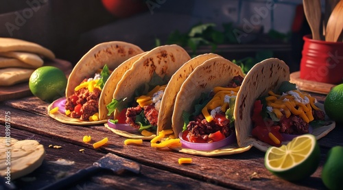 Tacos appétissant sur une vieille table en bois, entourés d'ingrédients, décor de cuisine rustique avec des ustensiles en arrière-plan et éclairage chaleureux. photo