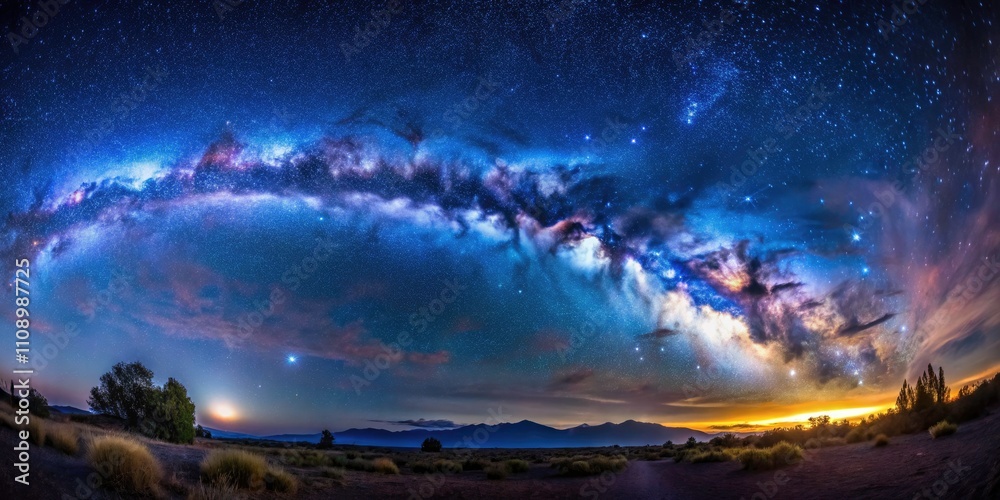 Stunning Panorama of the Milky Way Under a Deep Blue Night Sky with Stars and Nebulae in a Dark Background, Perfect for Space Enthusiasts and Astrophotography Lovers Stunning Panorama of the Milky Way Under a Deep Blue Night Sky with Stars and Nebulae in a Dark Background, Perfect for Space Enthusiasts and Astrophotography Lovers
