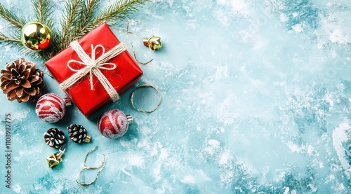 Fond de Noël avec un coffret cadeau rouge et des décorations sur une table turquoise, vue de dessus, image avec espace pour texte. photo