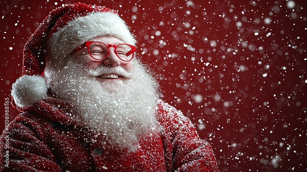 A man dressed as Santa Claus with red glasses and a white beard A man dressed as Santa Claus with red glasses and a white beard