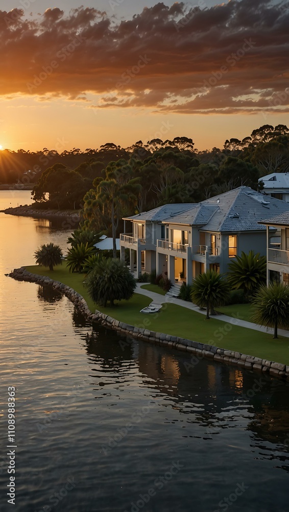 Fototapeta premium Sunset view over lakefront homes at Lake Cathie.