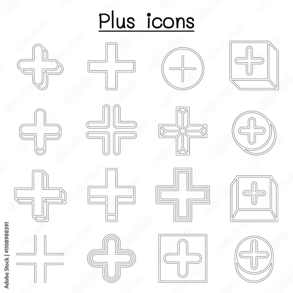 Fototapeta premium Plus, Positive , Cross Add icon set in thin line style