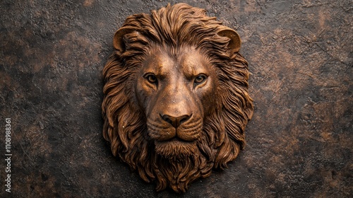 A bronze lion head mounted on a wall photo