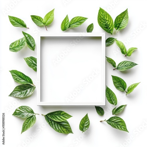 reen leaves in white square frame Isolated on White Background Generative AI photo