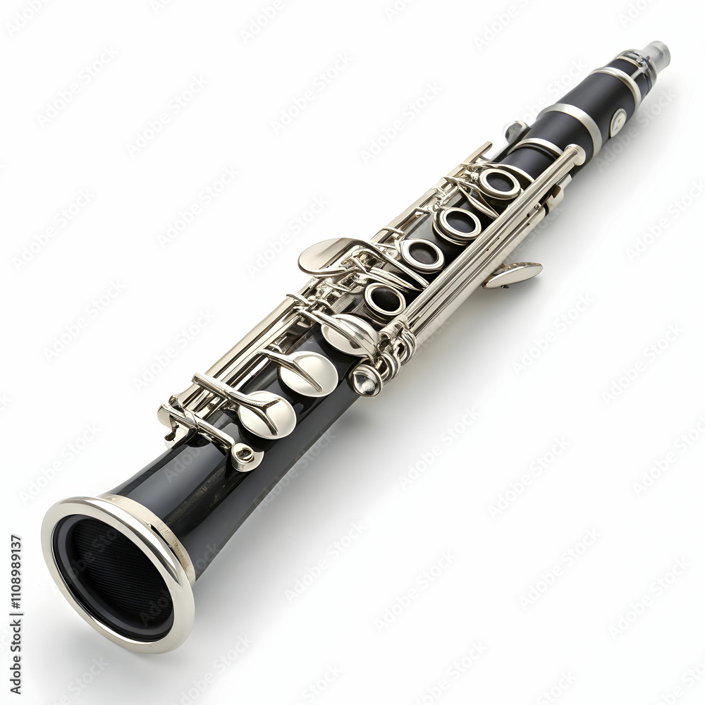 Obraz premium A silver clarinet with a black mouthpiece and intricate keywork