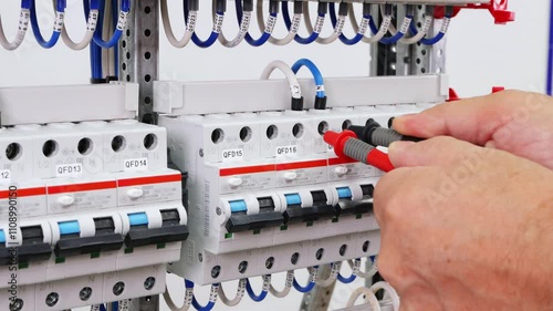 Measurement of electrical parameters in a switchboard using a multimeter.