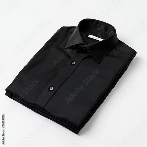  Folded black dress shirt with buttons on white background.