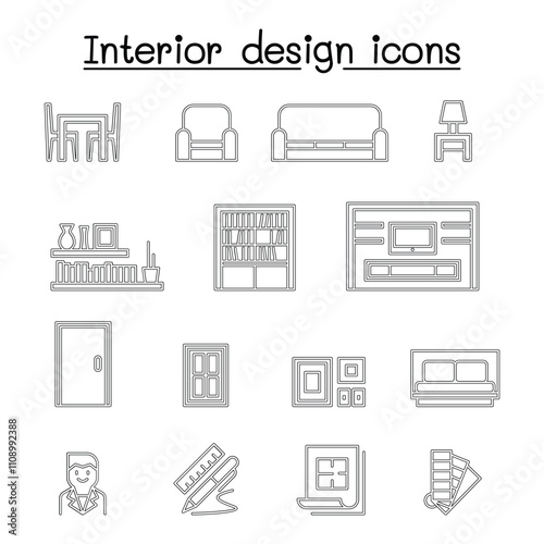 Interior design & House Improvement icon set in thin line style