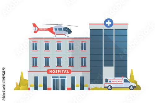 Vector illustration of a Hospital Building in flat design, showcasing a clean and modern front view with medical symbols and welcoming architecture.