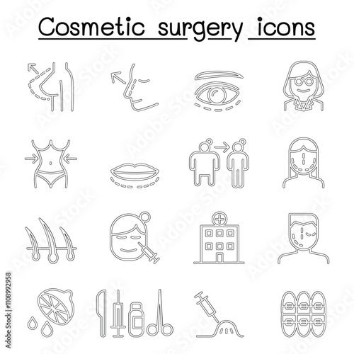Cosmetic Surgery , Surgical operation icon set in thin line style