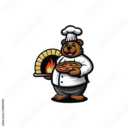 A jovial cartoon bear, wearing a chef's hat and apron, expertly tossing pizza dough.  Background shows a bustling pizza kitchen.