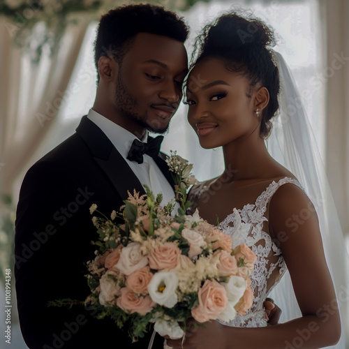 Bride and groom holding a bouquet in an elegant wedding hall photo