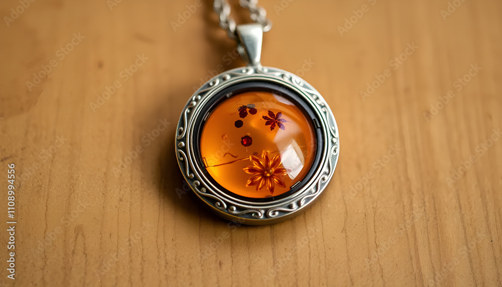 Elegant silver pendant with a round amber stone embedded with floral designs Elegant silver pendant with a round amber stone embedded with floral designs