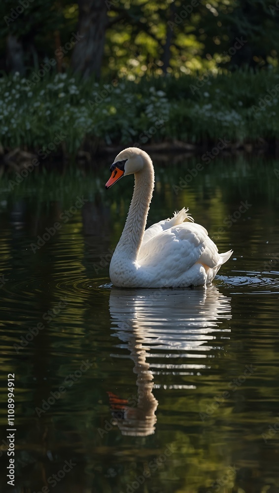 Fototapeta premium Swan gracefully reflected in still water.