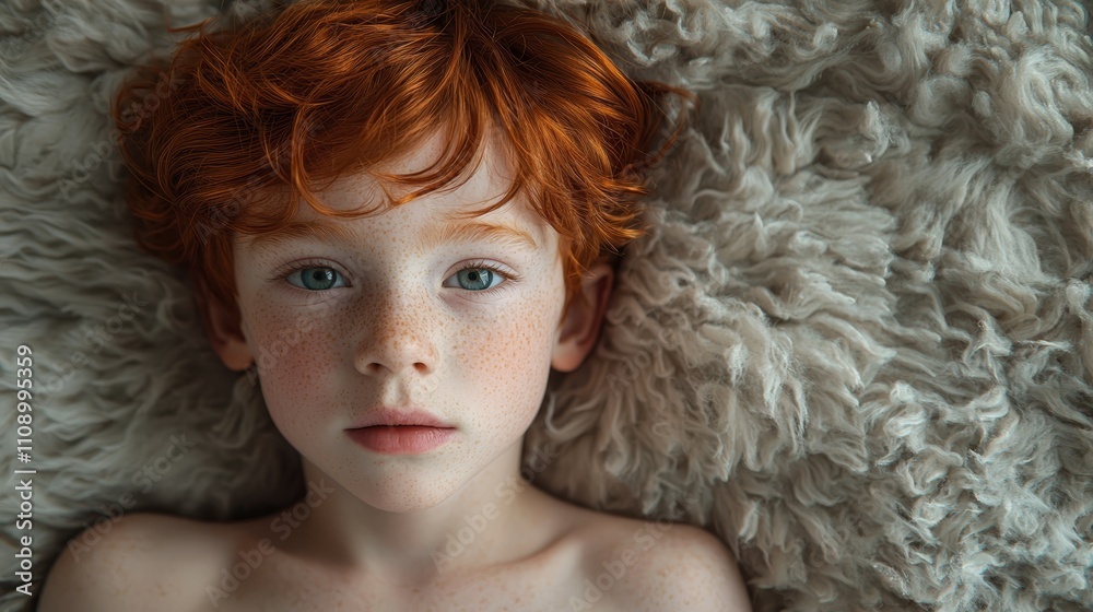 Fototapeta premium A young boy with red hair and freckles laying on a fluffy white blanket