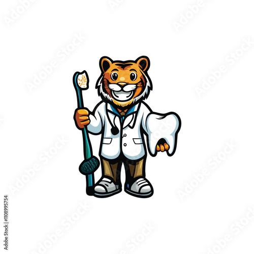 A cheerful, cartoon tiger dentist wearing scrubs, holding a miniature toothbrush, smiles warmly at a tiny patient.