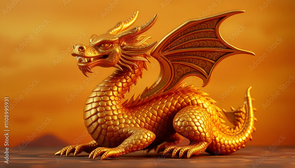 Fototapeta premium Majestic golden dragon sculpture with intricate details against a warm background