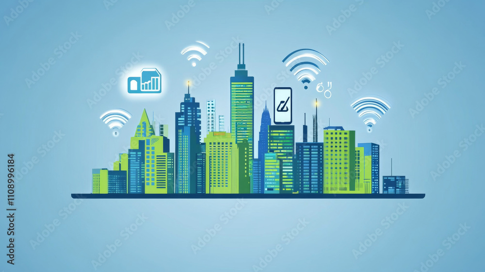 5g lte network logo over the smart city with icons of town infrastructure. devices connection via high speed, broadband telecommunication wireless internet. Skyscrapers in sunrise