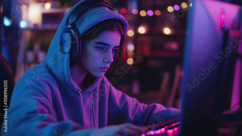 A teenage gamer in a hood is playing at a gaming laptop. A teenage girl or a boy in a hood is a hacker, a programmer writes code on a laptop in a dark room. A teenager is playing on a computer.