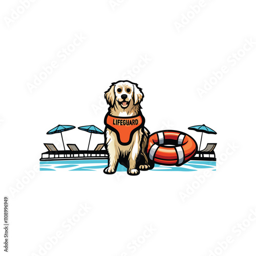 A cute, small dog wearing a miniature lifeguard uniform stands attentively near a pool, ready to rescue.