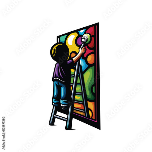A charming young artist, vibrant clothing, passionately paints a colourful mural on a brick wall, showcasing artistic talent and creative expression.