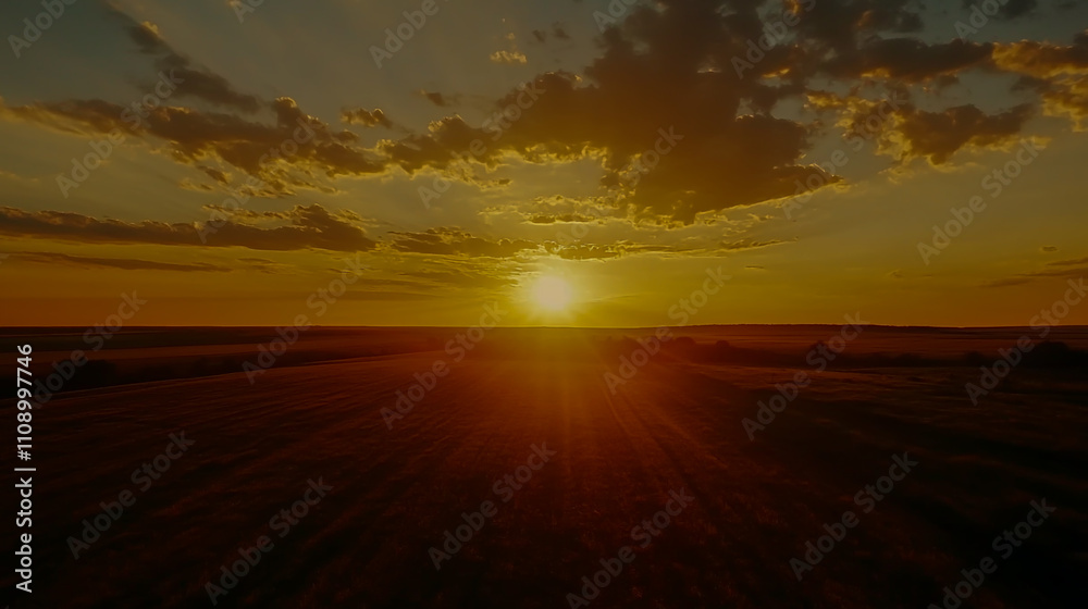 Obraz premium Captivating sunset over a vast field with vibrant clouds and golden light, stunning 4K landscape