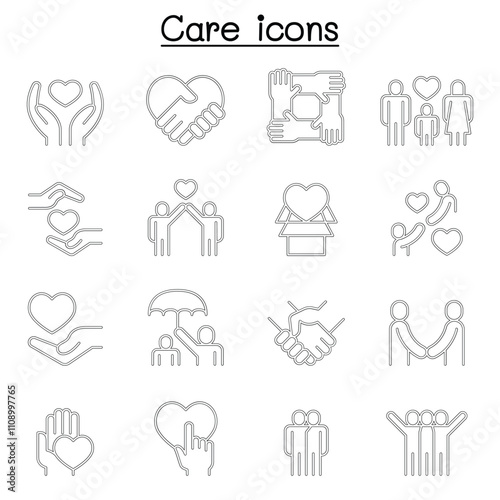 Care, generous and sympathize icon set in thin line style