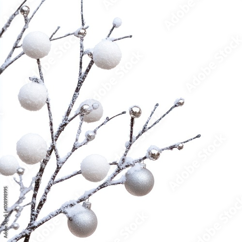 Snow Kissed Branches Tree branches dusted Isolated on White Background Generative AI photo