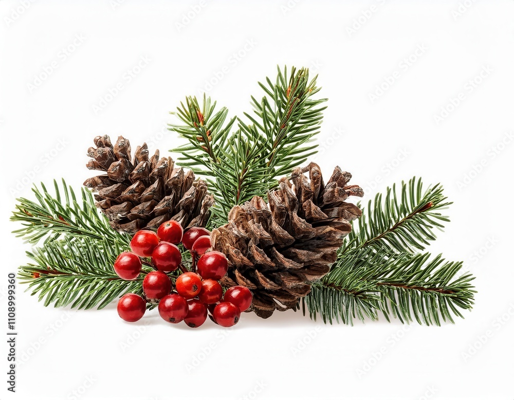 Fototapeta premium Festive Christmas Decoration with Pinecone, Evergreen Spruce Branches, and Vibrant Red Berries Isolated on White Background. Perfect for Holiday Cards, Seasonal Designs, and Winter Themed Projects