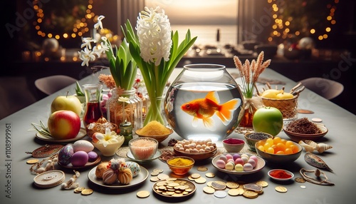 Modern Haft-Sin Table for Iranian New Year with Seven 'S' Items and Contemporary Decor