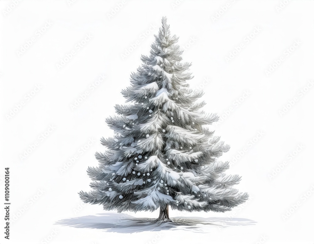 Fototapeta premium Snow Kissed Christmas Tree Illustration. Perfect for Holiday Cards, Winter Decorations, Festive Posters, or Digital Artwork with Frosty Pine Details and a Starry Top for Seasonal Inspiration
