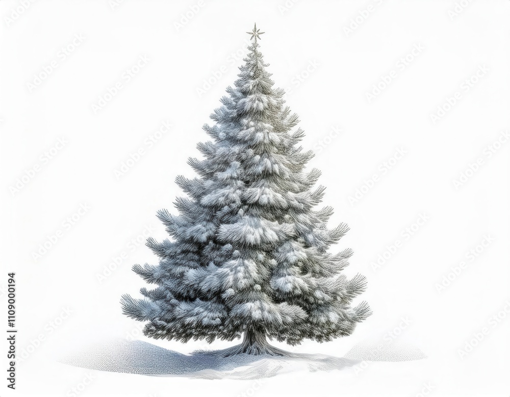 Fototapeta premium Snow Kissed Christmas Tree Illustration. Perfect for Holiday Cards, Winter Decorations, Festive Posters, or Digital Artwork with Frosty Pine Details and a Starry Top for Seasonal Inspiration