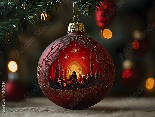 Red Christmas Ornament with Nativity Scene