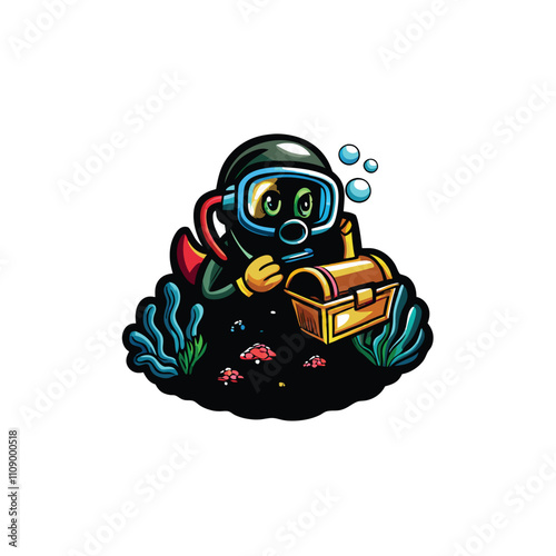 A charming, cartoon monster diver, wearing scuba gear, playfully explores a vibrant coral reef, interacting with colorful fish.  Include a treasure chest (1).