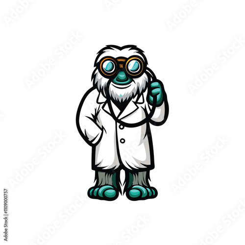 A whimsical illustration of a cute, friendly monster doctor wearing scrubs, holding a stethoscope, exhibiting a cheerful and caring demeanor.