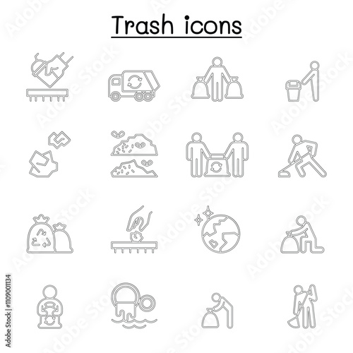 Trash, garbage, rubbish, dump, refuse icon set in thin line style photo