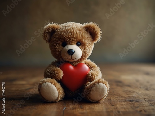 Teddy bear clutching a red heart.