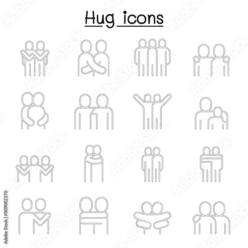 Love, hug, friendship, relationship icon set in thin line style