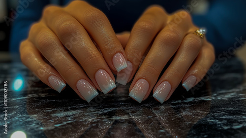 Close-up of a woman's hands with square-shaped gel polish manicure, showcasing elegant nail design photo