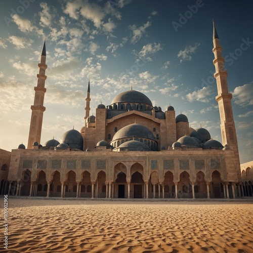 A grand mosque from the Ottoman Empire era, with intricate patterns and desert sands.

 photo