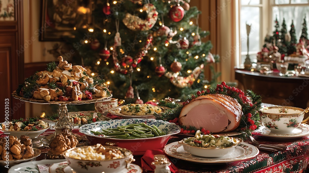 A festive holiday table with a beautifully decorated Christmas tree in the background, featuring traditional dishes like roasted ham, green bean casserole, and gingerbread cookies 