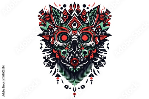A vibrant, stylized skull with intricate patterns and colors.